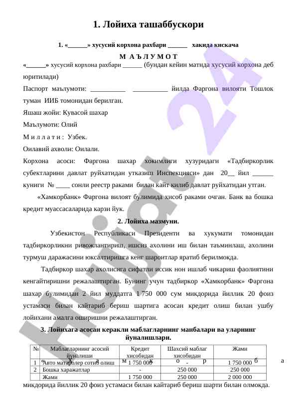 Хусусий корхона тадбиркорлиги расмий маълумот