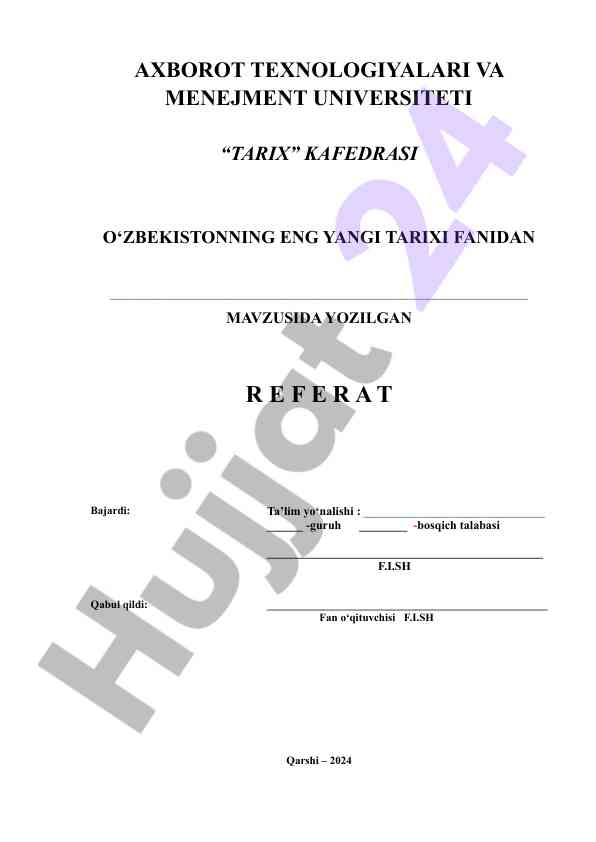 O'zbekistonning eng yangi tarixi fanidan referat
