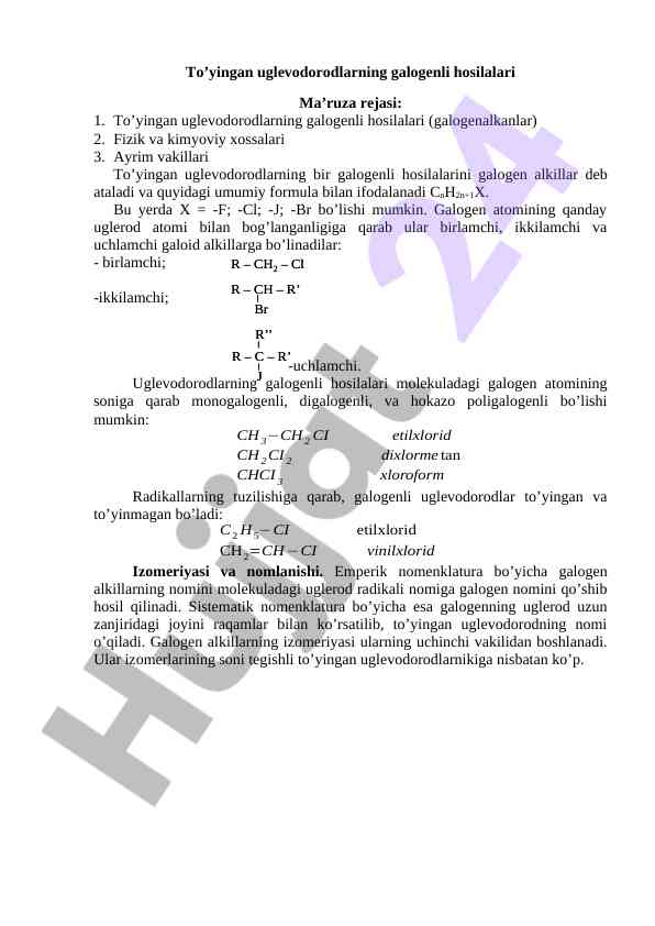 To'yingan uglevodorodlarning galogenli hosilalari