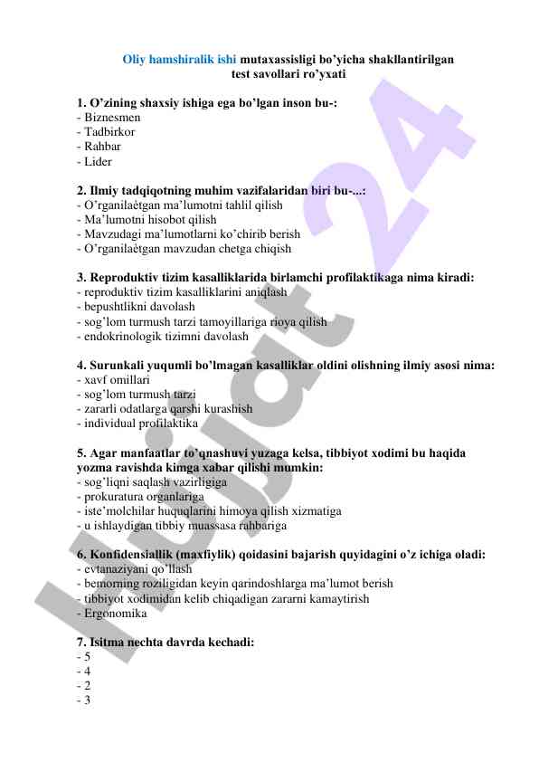 Oliy hamshiralik ishi mutaxassisligi test savollari