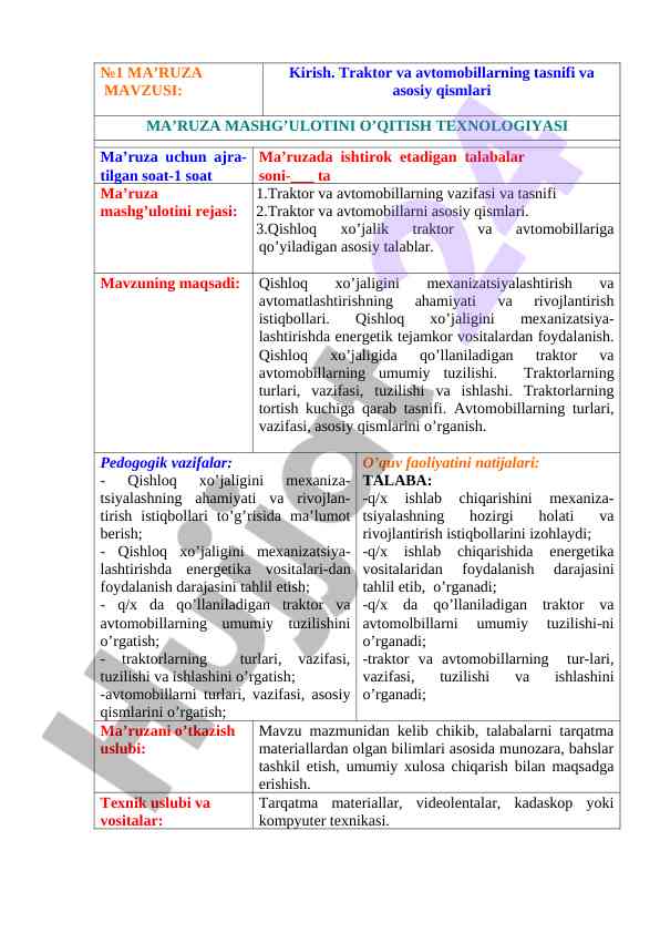 Traktor va avtomobillar tasnifi va asosiy qismlar