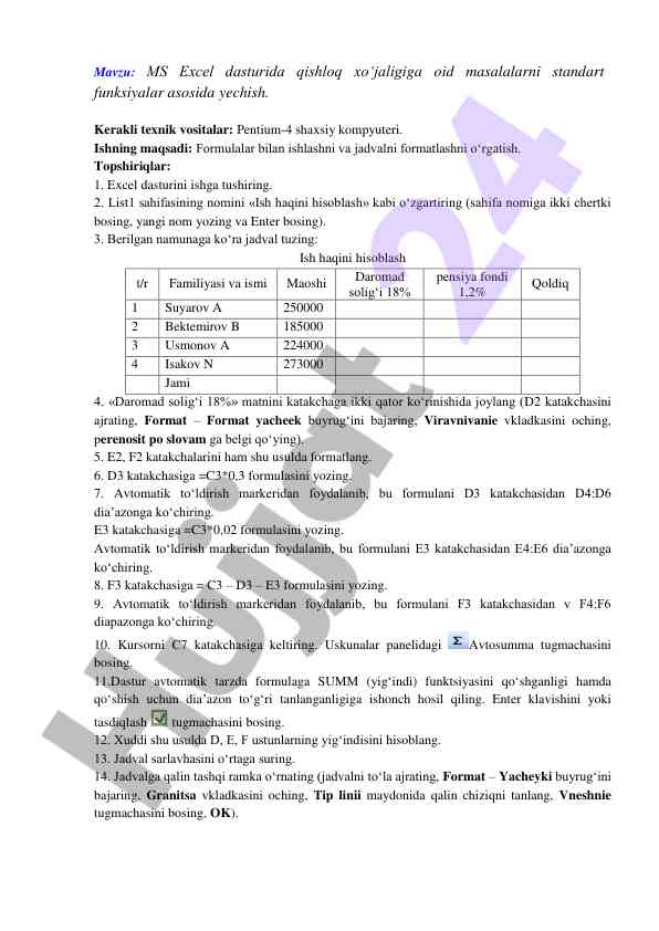 Ms excel dasturida qishloq xo‘jaligi masalalari