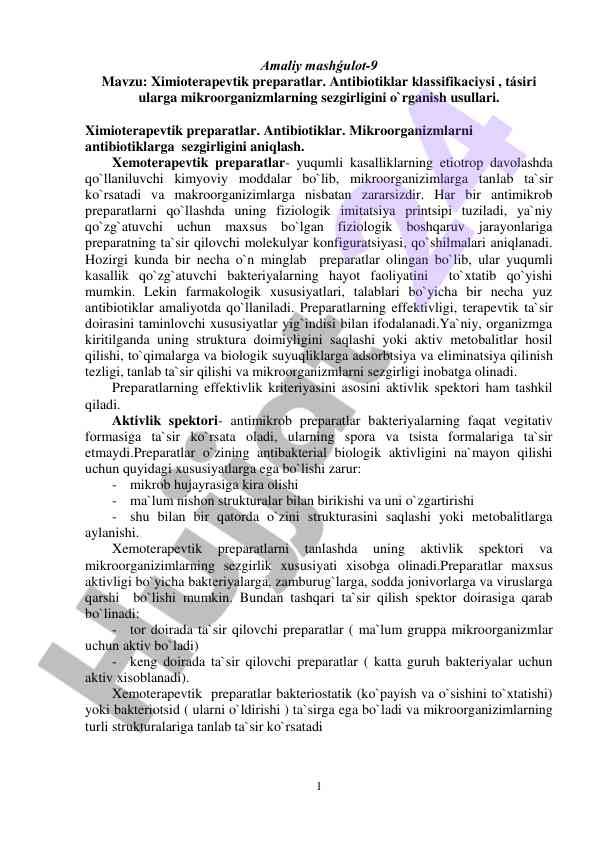 Ximioterapevtik preparatlar va antibiotiklar klassifikasiyasi