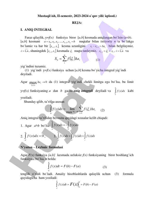 Aniq integral yigindisi va xossalari