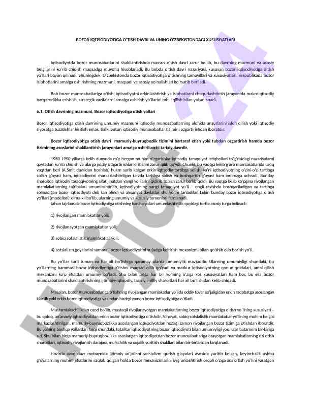 Bozor iqtisodiyotiga o’tish davri va xususiyatlari