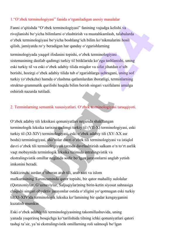 O‘zbek terminologiyasi fanida o‘rganiladigan asosiy masalalar