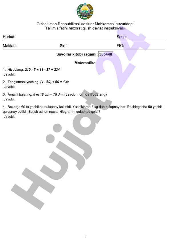 Matematika savollar kitobi raqam 335440 va 335441