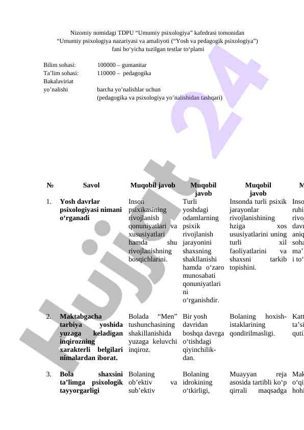 Umumiy psixologiya nazariyasi va amaliyoti testlari