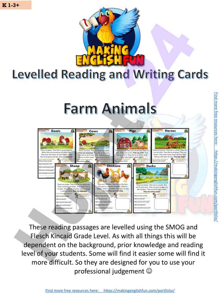 Farm animals reading passages for students
