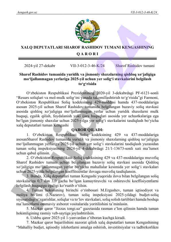 Yer solig‘i stavkalarini belgilash to‘g‘risida qaror