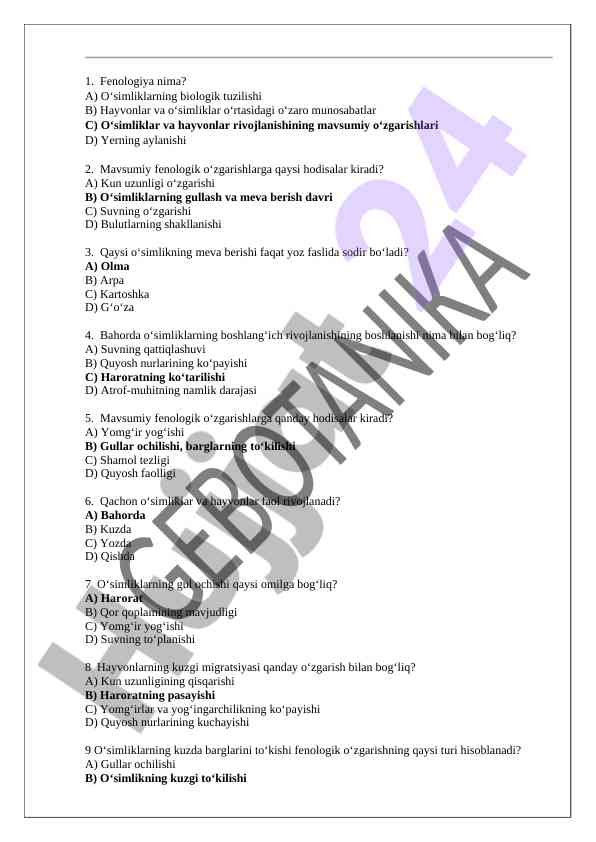 Fenologiya va o‘simlik rivojlanishi o‘zgarishlari
