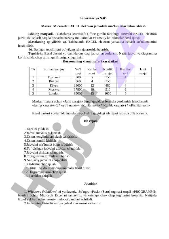 Microsoft excel bilan ma'lumotlar bilan ishlash