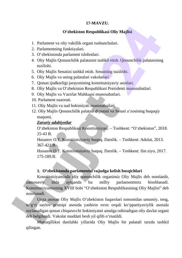 O‘zbekiston respublikasi oliy majlisi tushunchalari