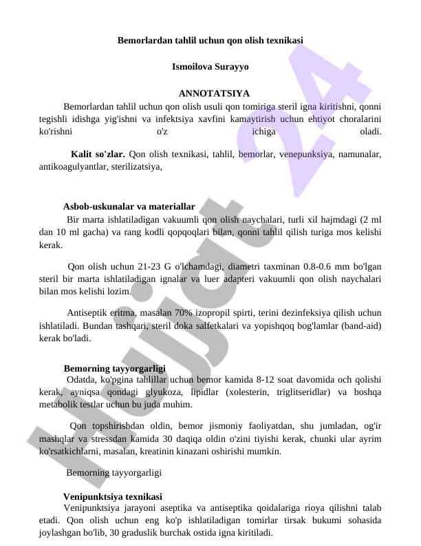 Qon olish texnikasi va bemor tayyorlov usullari