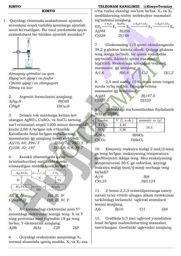 Kimyo testlari va tahlil savollari