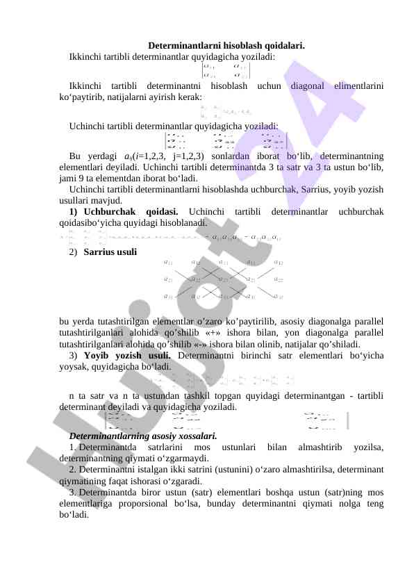 Ikkinchi va uchinchi tartibli determinantlar hisoblash