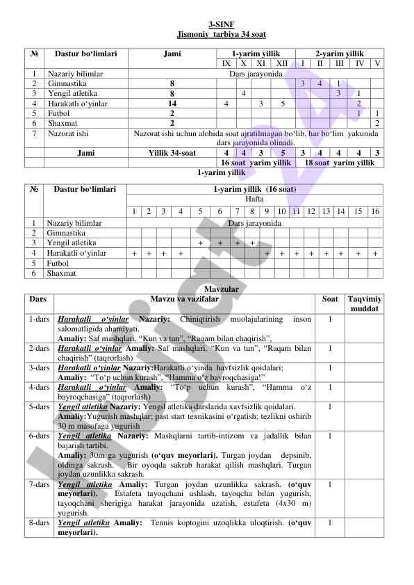 3-sinf jismoniy tarbiya darslari taqvimi