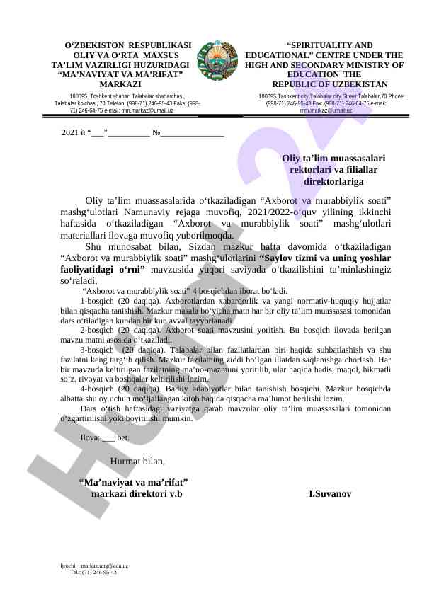 Axborot va murabbiylik soati mashg‘ulotlari rejasi