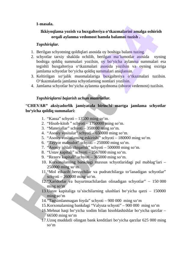 Balans va buxgalteriya o‘tkazmalari tahlili