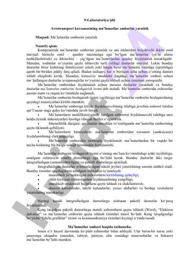 Avtotransport korxonasida ma’lumotlar omborini yaratish