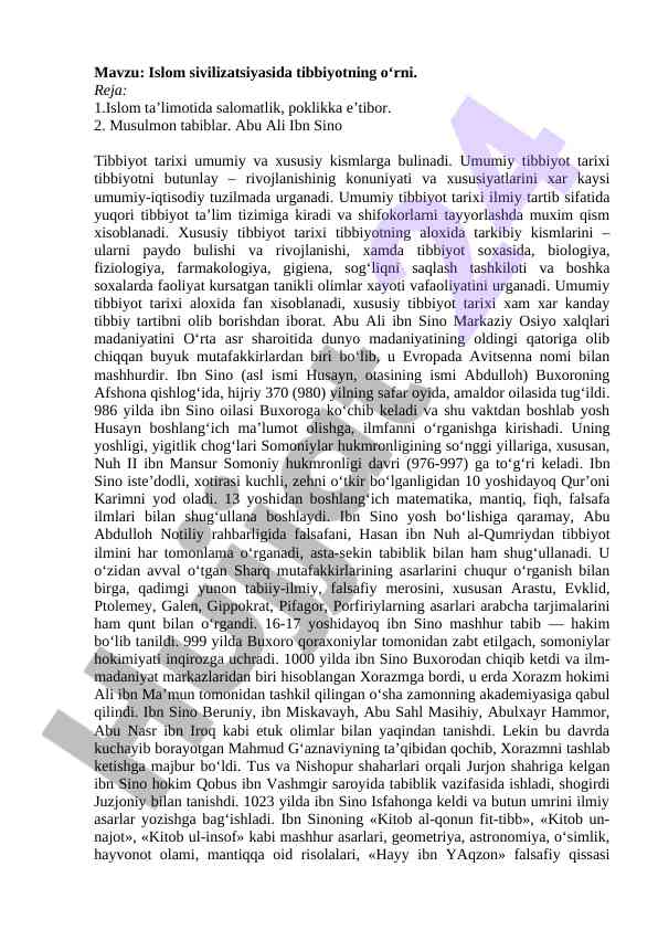 Islom sivilizatsiyasida tibbiyotning o‘rni