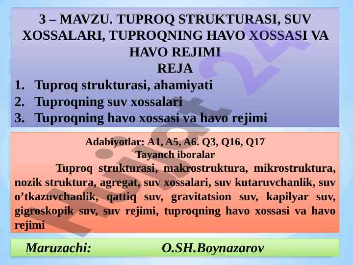 Tuproq strukturasi va suv xossalari takliflari