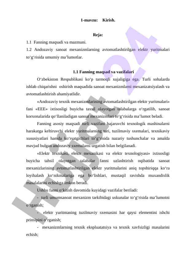 Fanning maqsadi va mazmuni to‘g‘risida ma’lumotlar