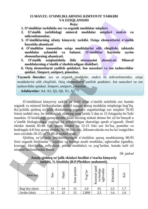 Osimliklarning kimyoviy tarkibi va oziqlanishi