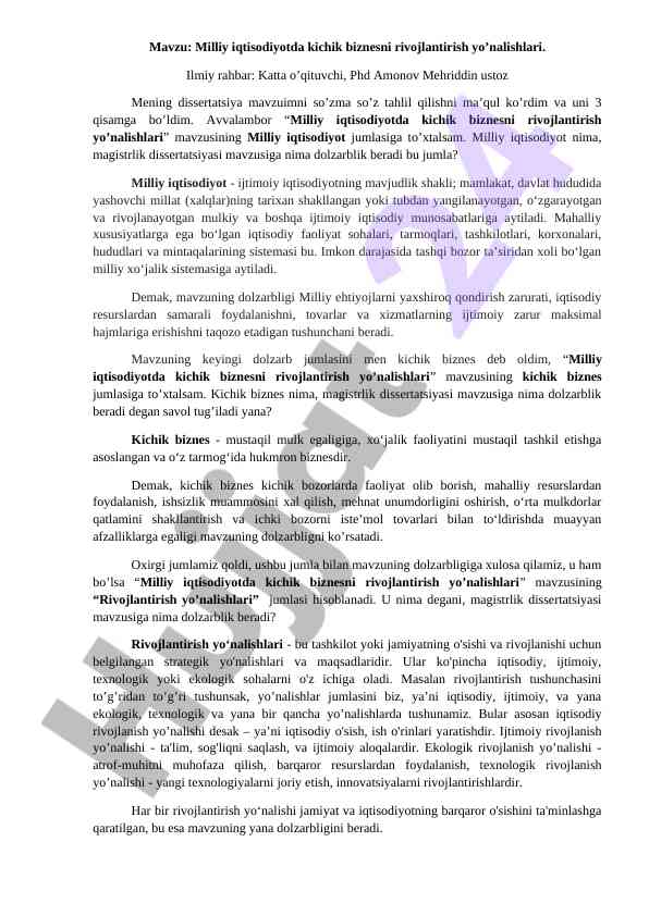Milliy iqtisodiyotda kichik biznesni rivojlantirish