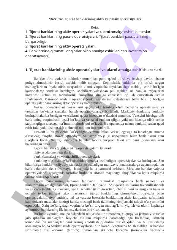 Tijorat banklarining aktiv va passiv operatsiyalari
