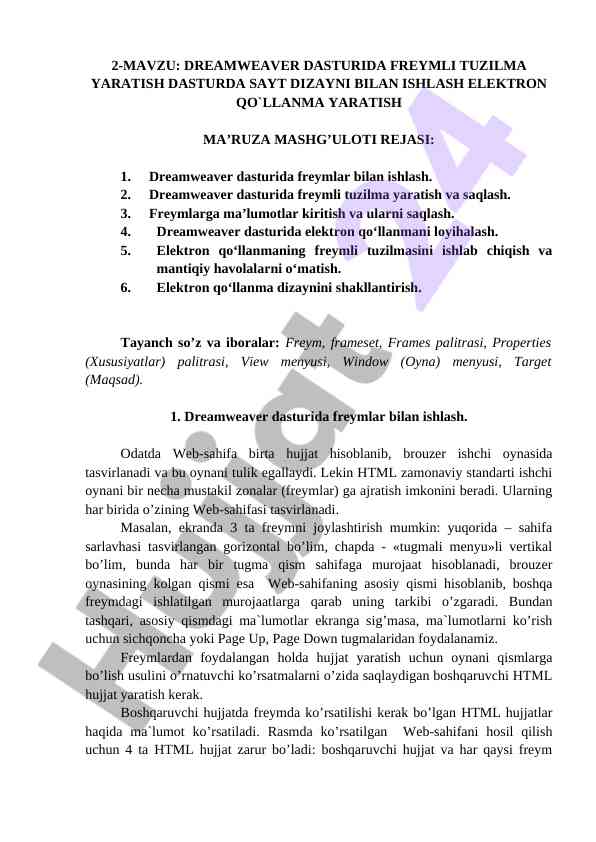 Dreamweaver dasturida freymlar bilan tuzilma yaratish