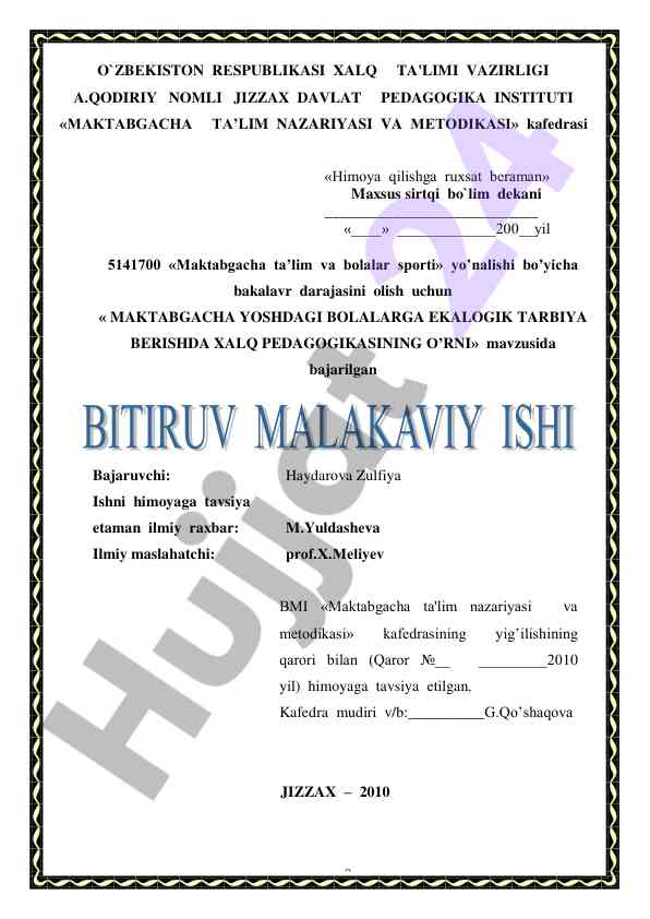 Maktabgacha yoshdagi bolalarga ekologik tarbiya berish