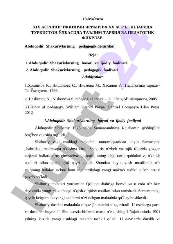 Turkiston ulkasida ta'lim tarbiya va pedagogik fikrlar