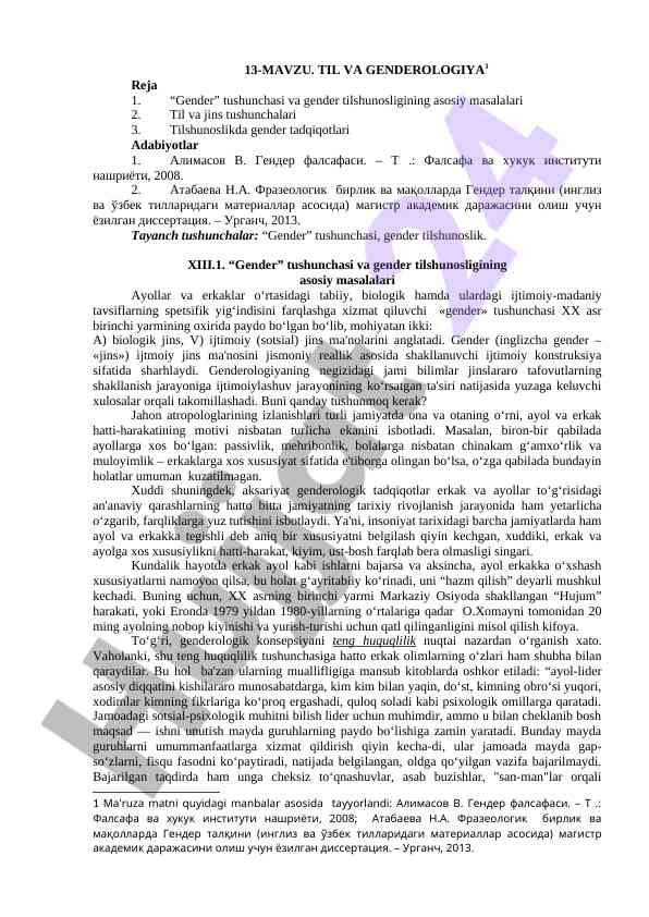 Gender va gendrologiya tushunchalari asosiy masalalari