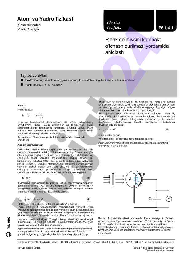 Plank doimiysi aniqlash tajribasi