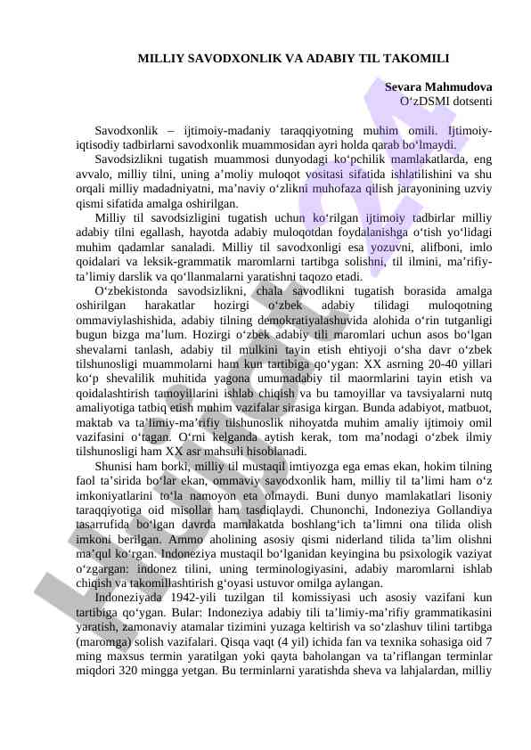 Milliy savodxonlik va adabiy til takomili