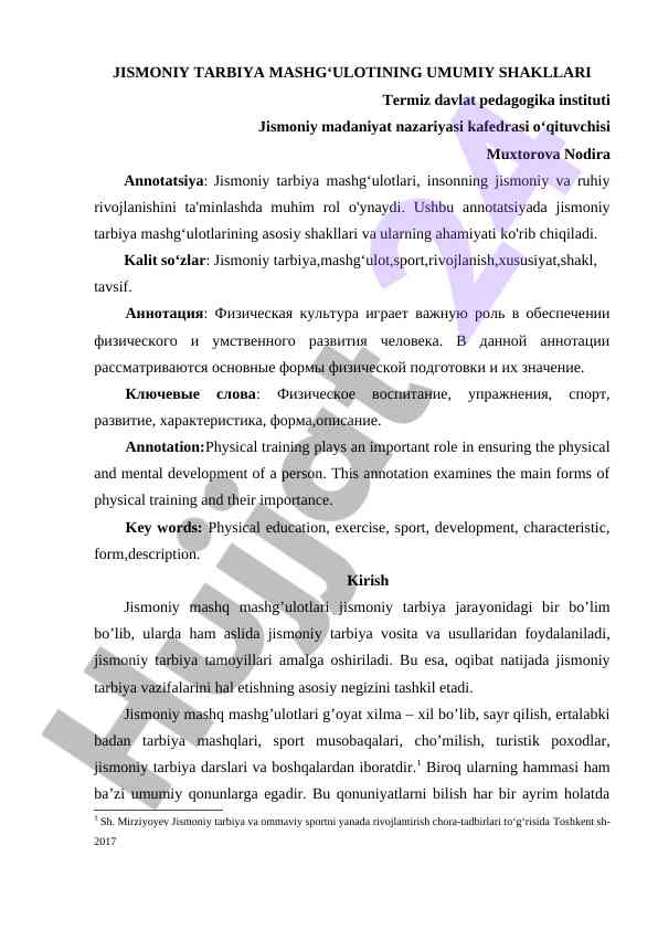Jismoniy tarbiya mashgulotining umumiy shakllari