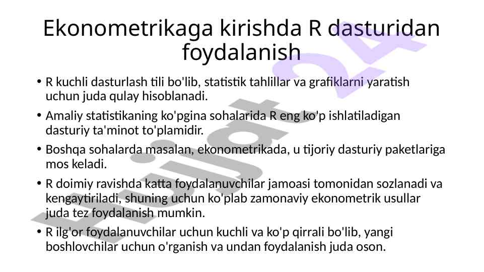 R dasturida ekonometrik tahlilga kirish