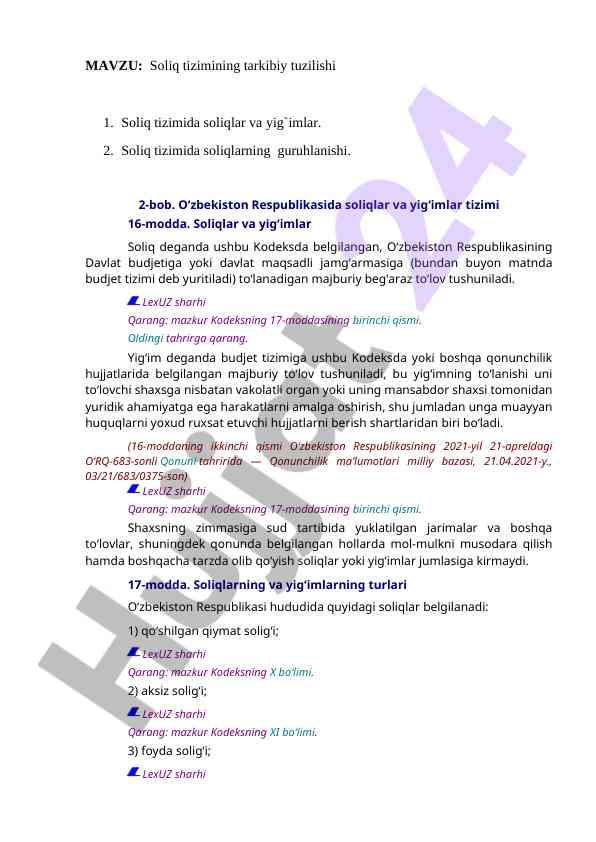 Soliq tizimining tarkibiy tuzilishi va soliqlarning guruhlanishi