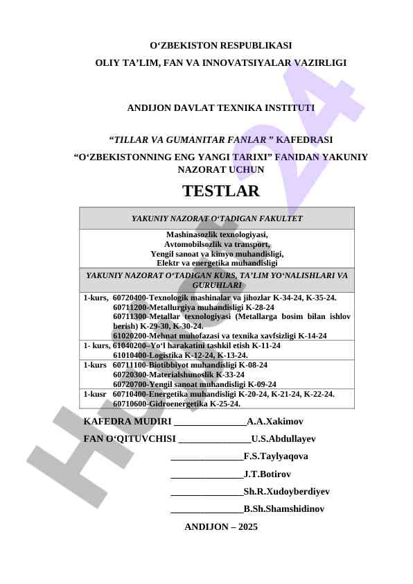 O‘zbekistonning eng yangi tarixi fanidan testlar