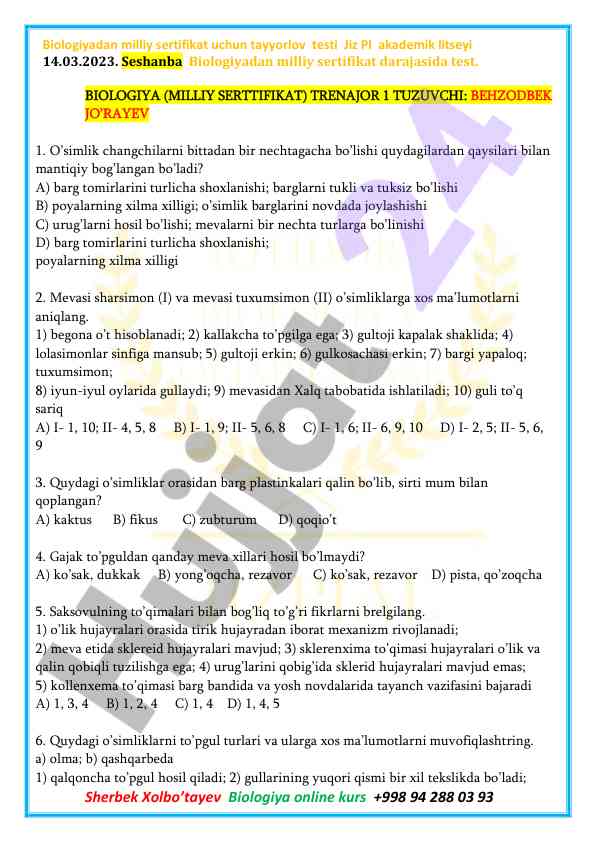 Biologiyadan milliy sertifikat uchun tayyorlov testi