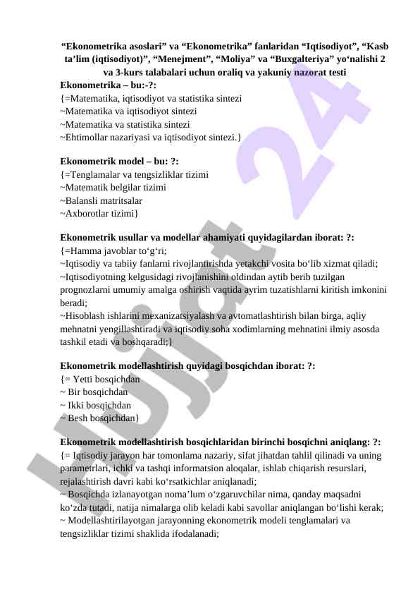 Ekonometrika asoslari oraliq nazorat testi