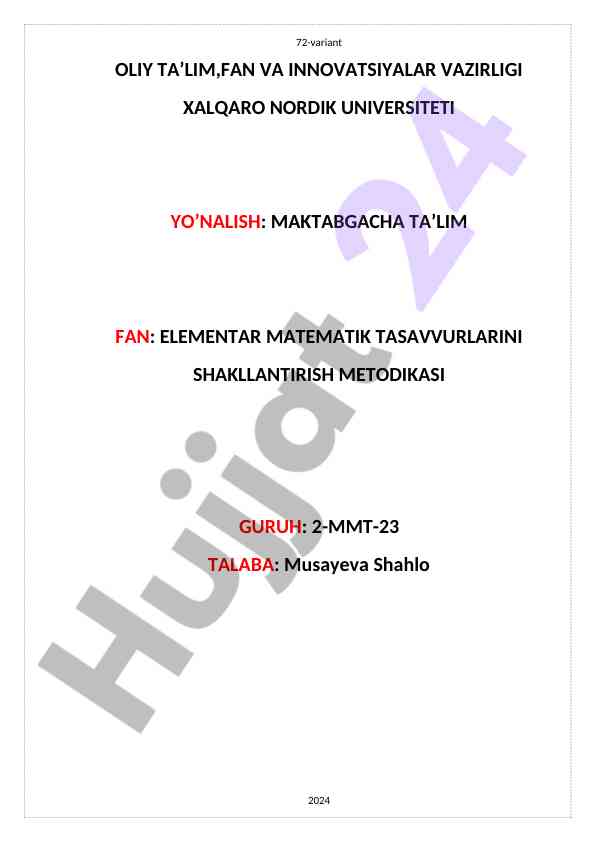 Maktabgacha ta’lim fanida matematik tasavvurlar