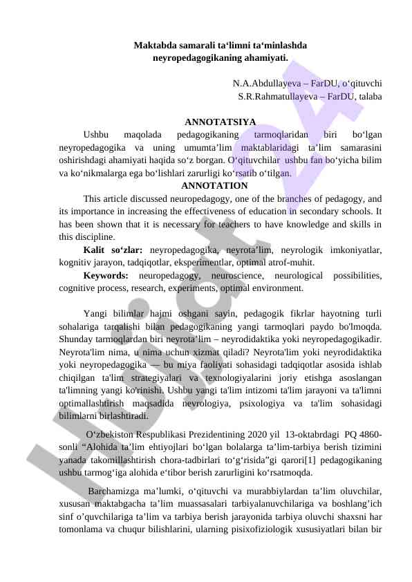 Neyropedagogikaning Ta‘limdagi Ahamiyati
