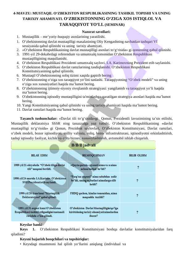 Mustaqil o‘zbekiston respublikasining tarixi va ahamiyati