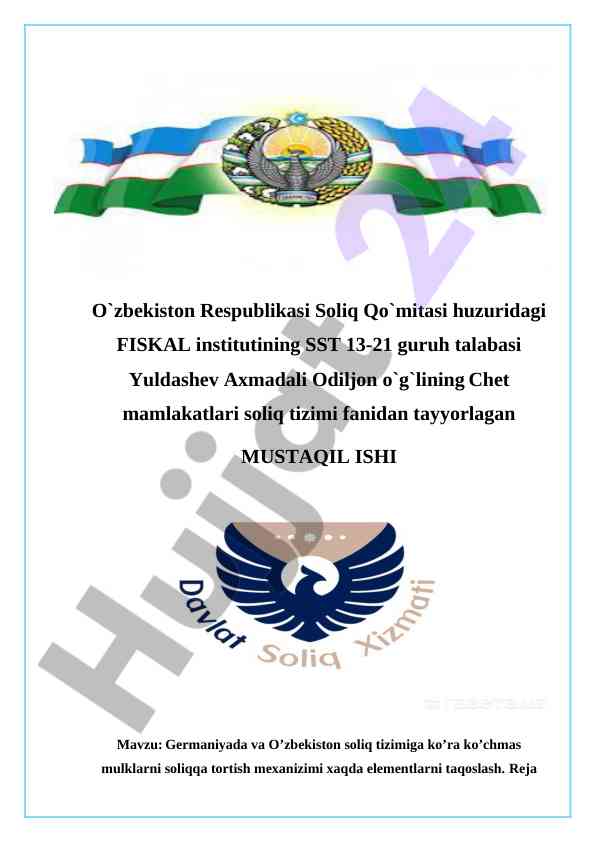 Germaniyada va o’zbekiston soliq tizimiga ko’ra ko’chmas mulklar