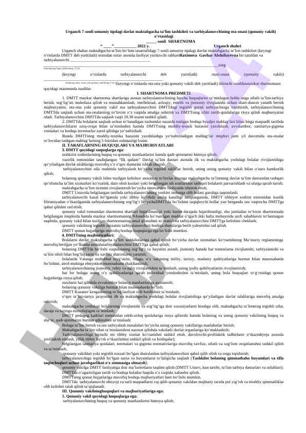 Maktabgacha ta’lim tashkiloti bilan ota-onalar arasida shartnoma