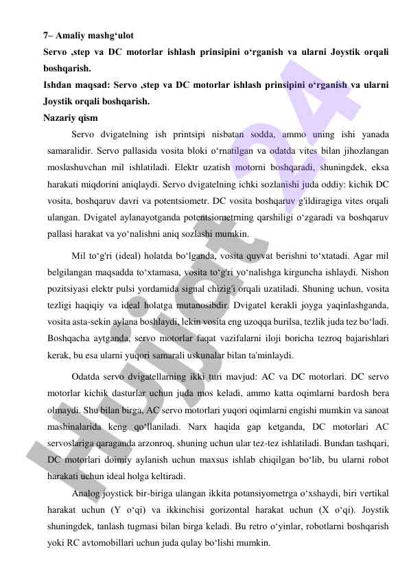 Servo, step va dc motorlar boshqarish prinsiplari