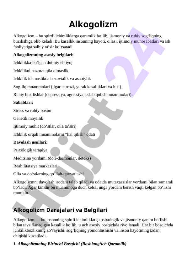 Alkogolizm belgilari va davolash usullari