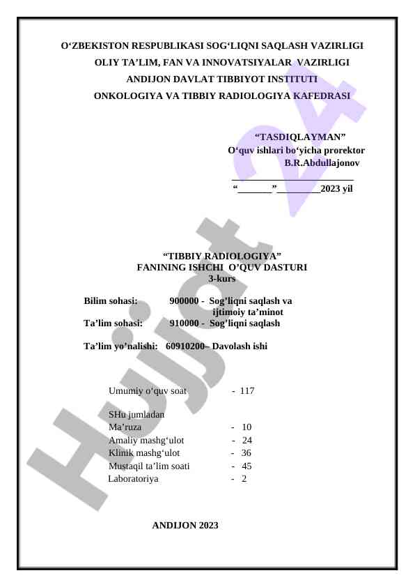 Tibbiy radiologiya fanining ishchi o‘quv dasturi